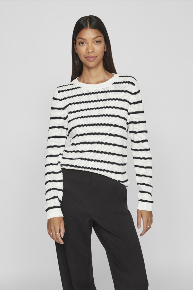 VIDALO O-NECK L/S STRIPE KNIT TOP- 14101685 WHITE ALYSSUM/BLACK